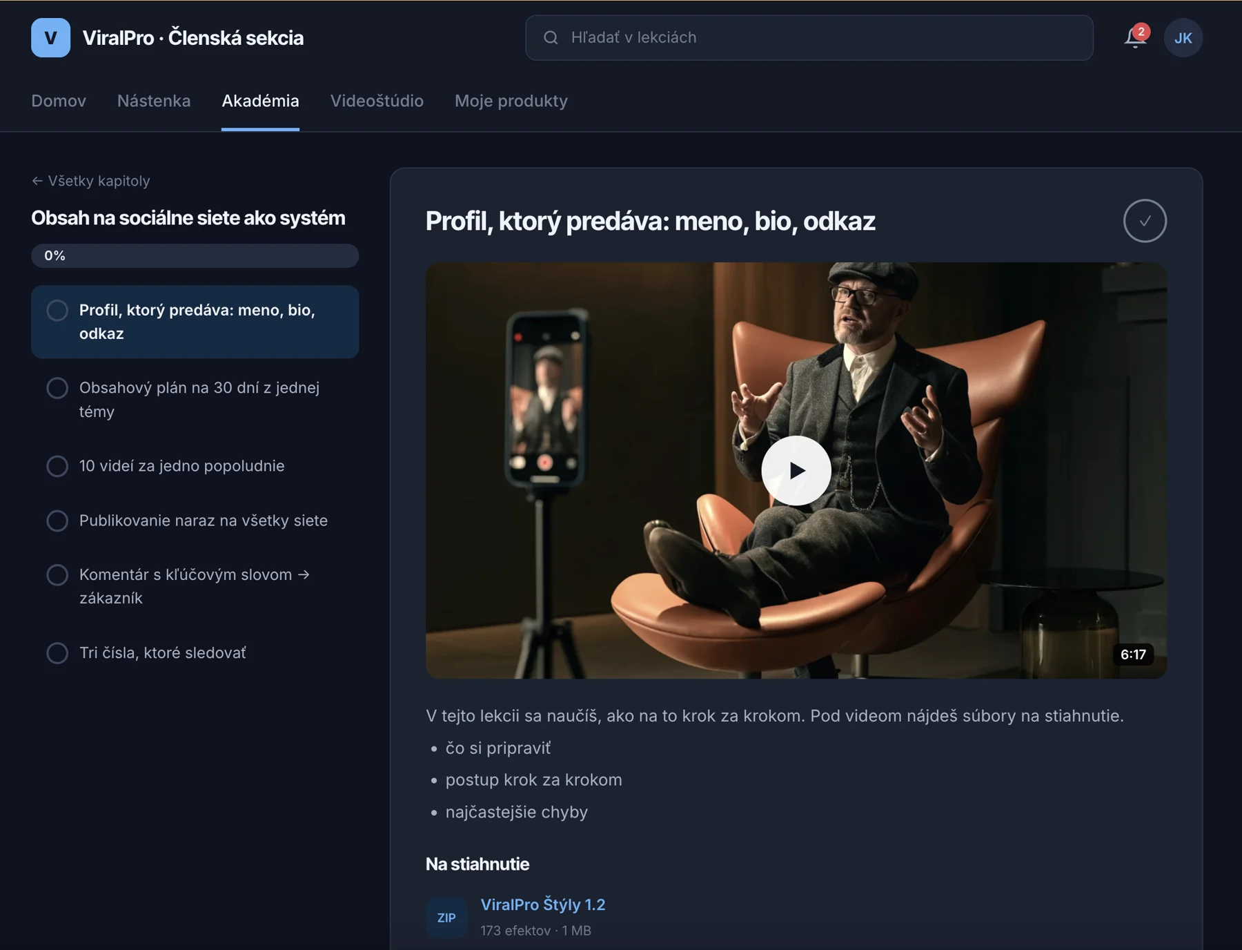 Lekcia v členskej sekcii Creator Lab