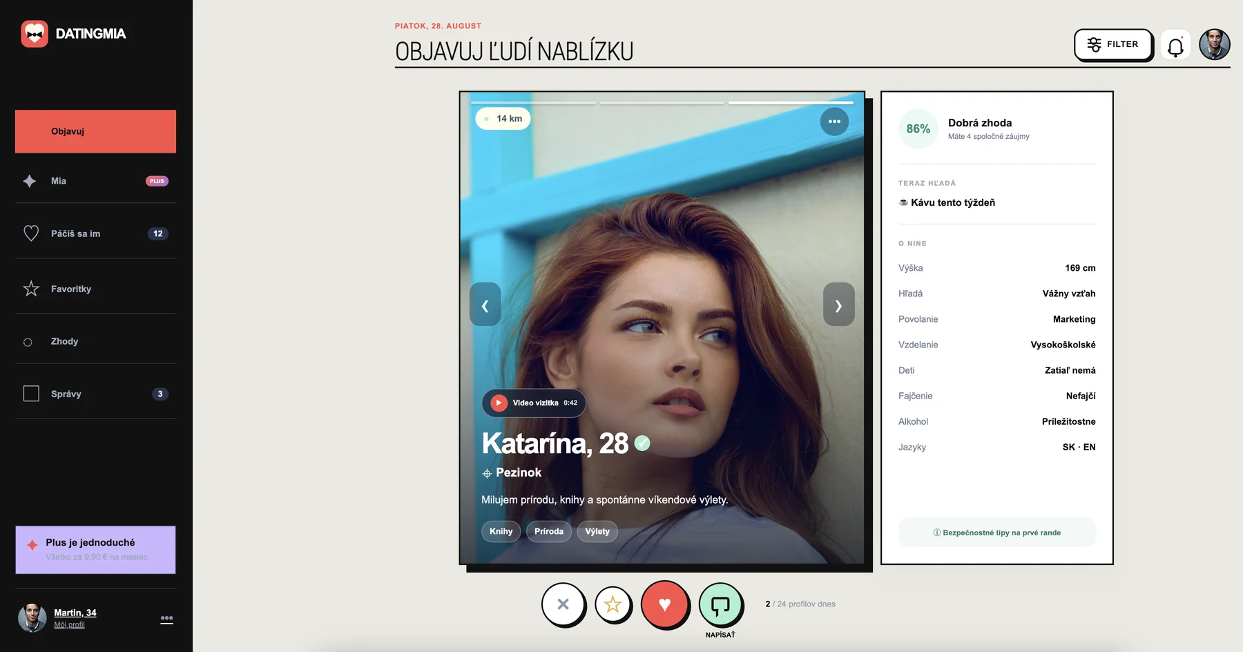 DatingMia — discovering profiles in the web version, with a video profile and match score
