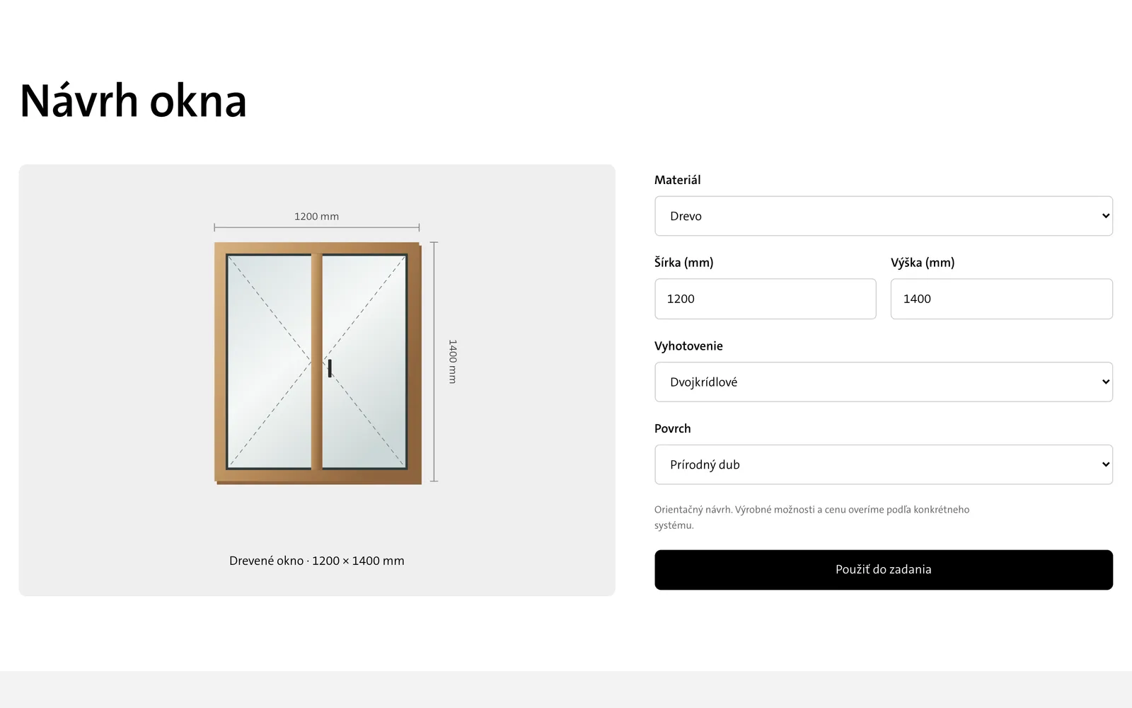 Window Designer tool: material, size, style and finish with a window drawing
