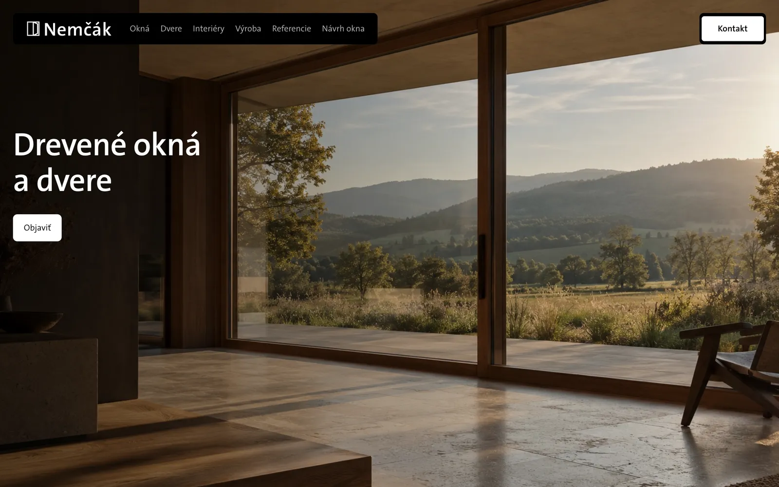 New Nemčák website: Wooden windows and doors homepage with a large photograph