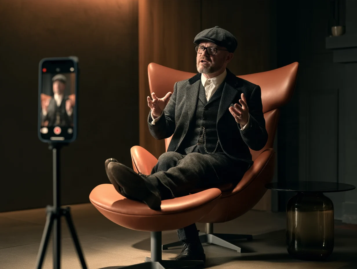 Peter Jašurek natáča video v kresle pred mobilom na statíve